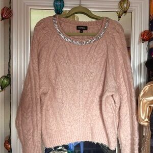 Express Blush Cable Knit Sweater with Embellished Neckline